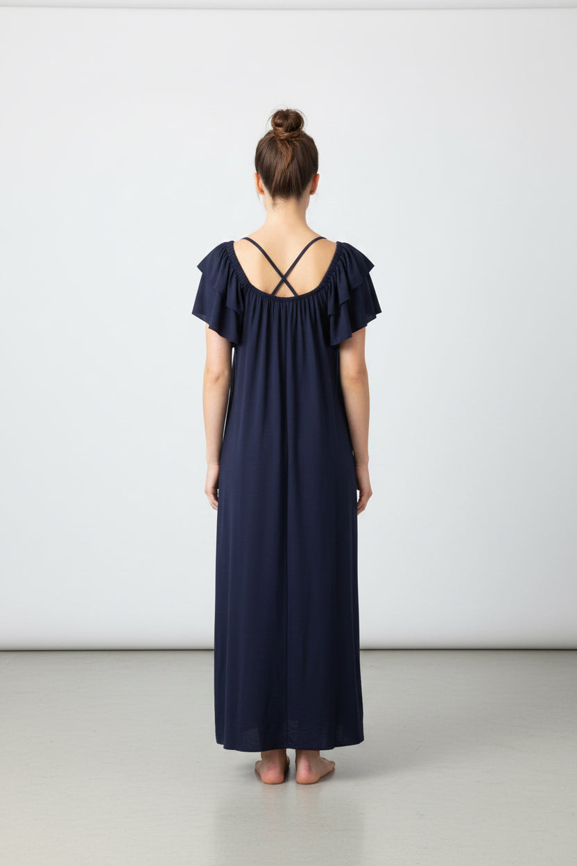 Maxikleid mit Volant Ärmeln marineblau