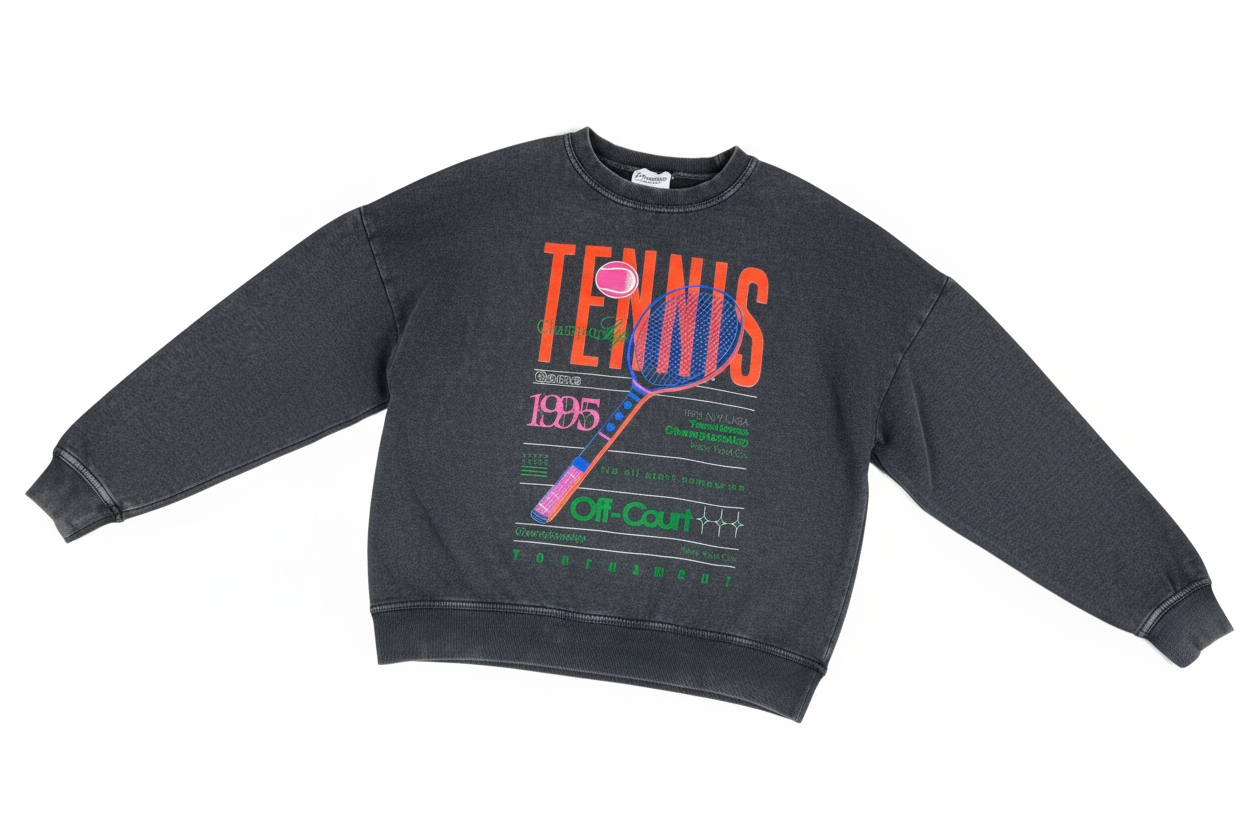Tennis Sweatshirt - Retro Graphic Pullover in schwarz/dunkelgrau