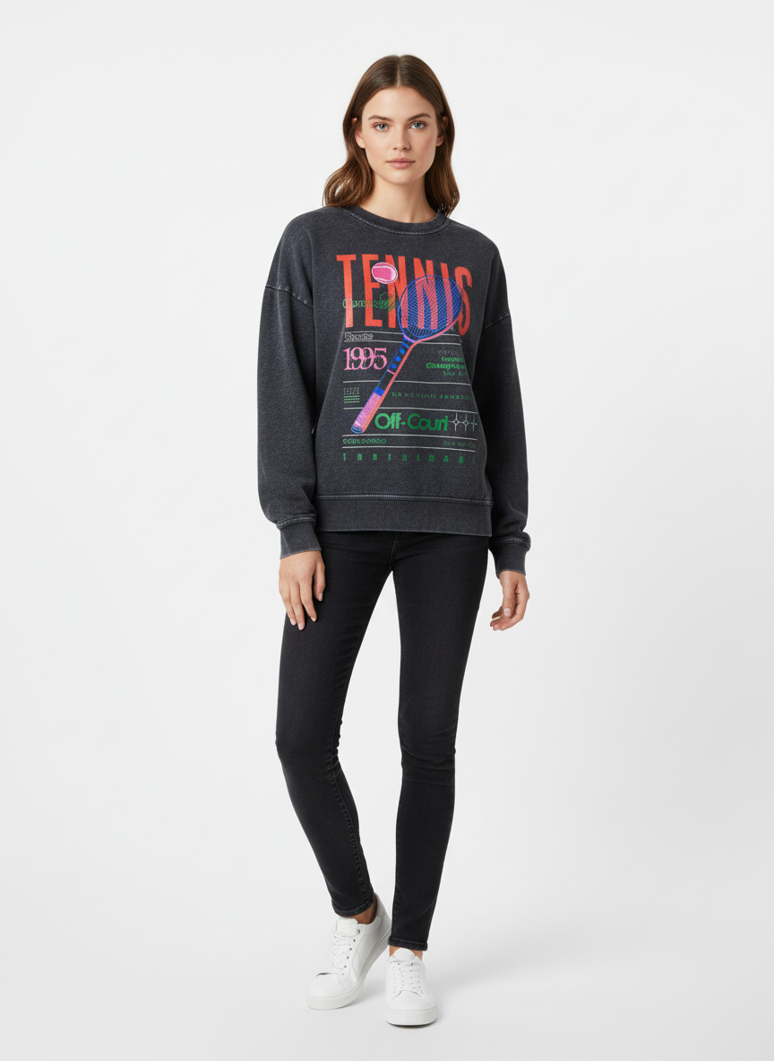 Tennis Sweatshirt - Retro Graphic Pullover in schwarz/dunkelgrau