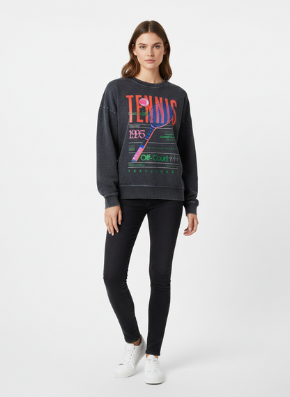 Tennis Sweatshirt - Retro Graphic Pullover in schwarz/dunkelgrau