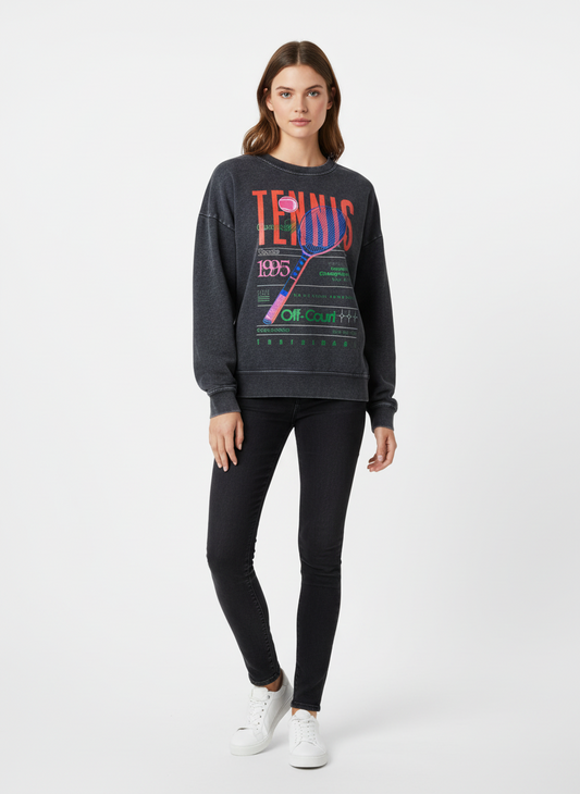 Tennis Sweatshirt - Retro Graphic Pullover in schwarz/dunkelgrau