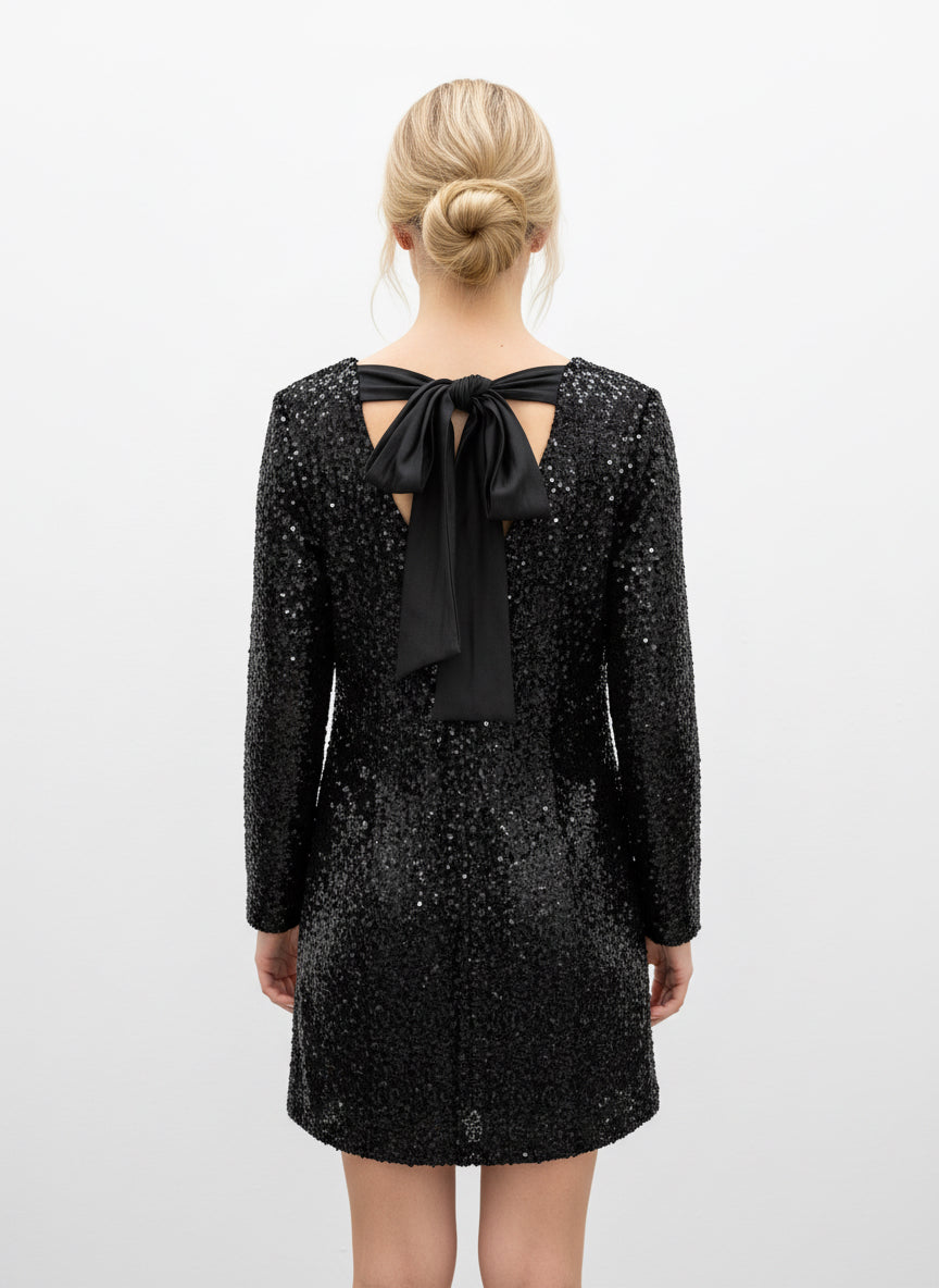 Glitzerkleid mit V-Rückenausschnitt & Schleife