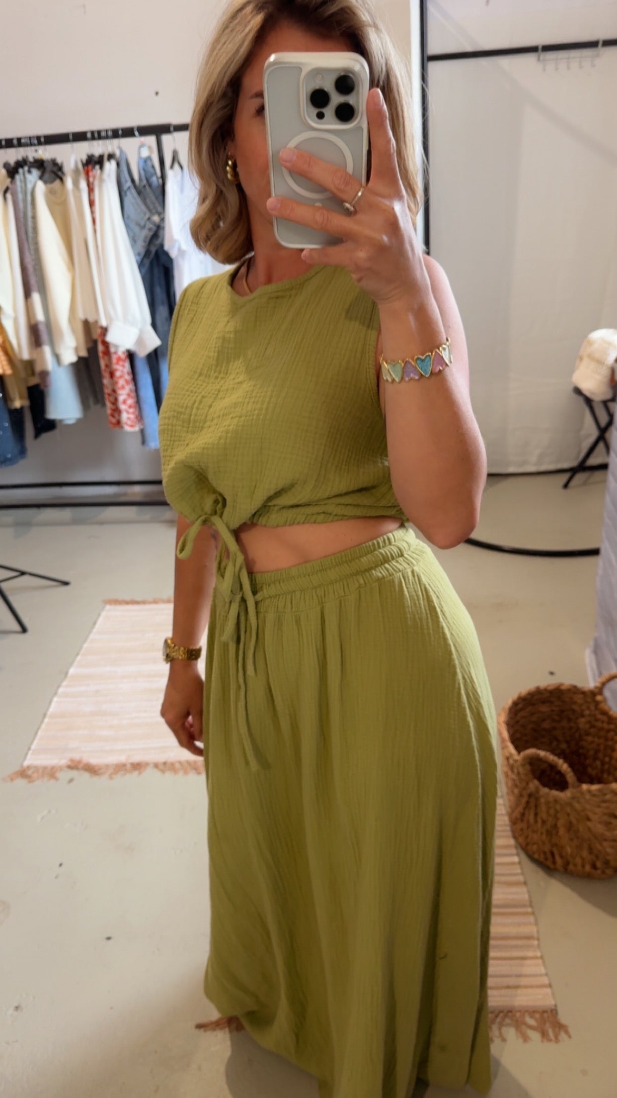 Musselin Zweiteiler Rock mit cropped Top grün