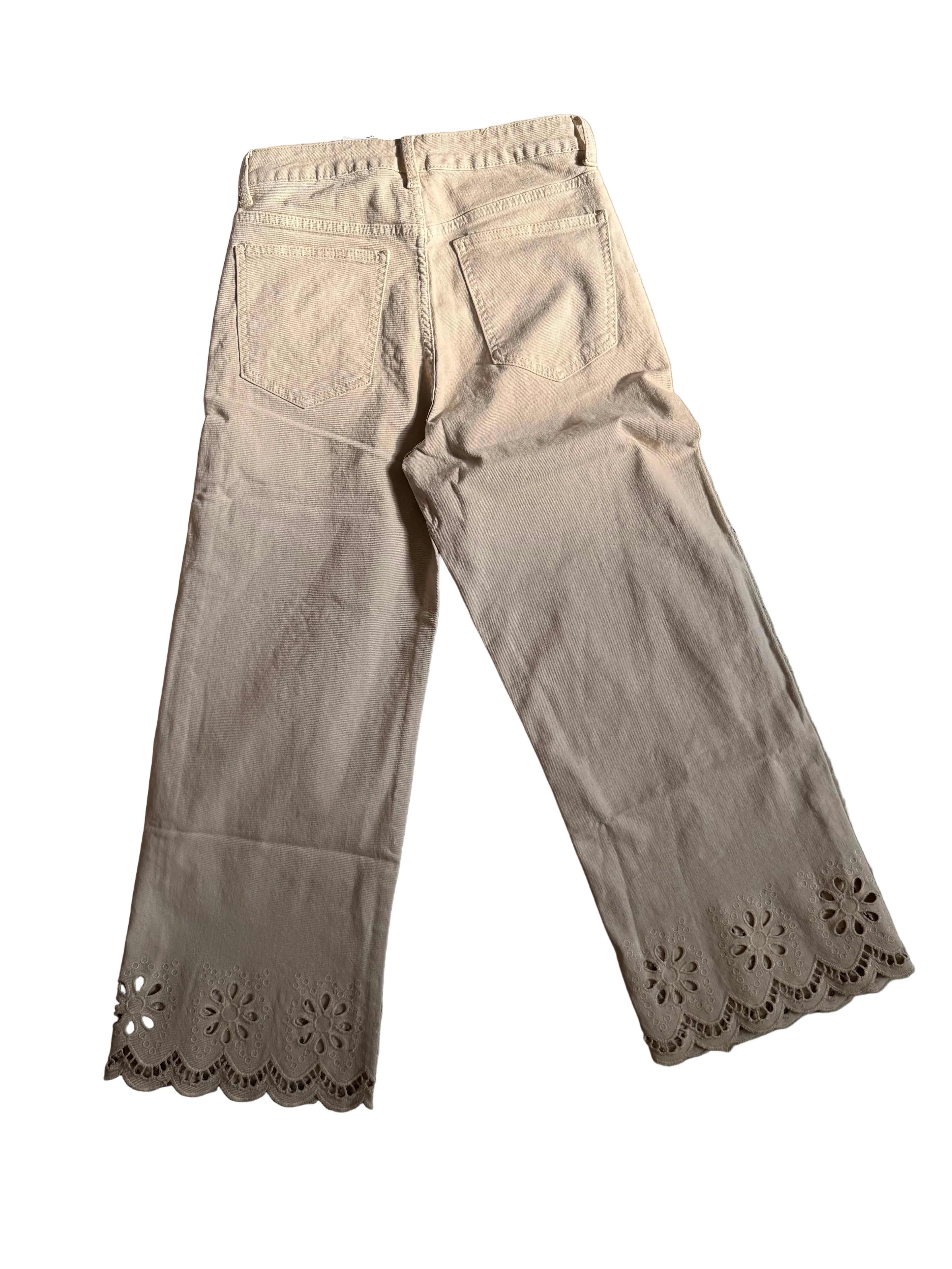 Cropped Blumen-Jeans in Cremebeige