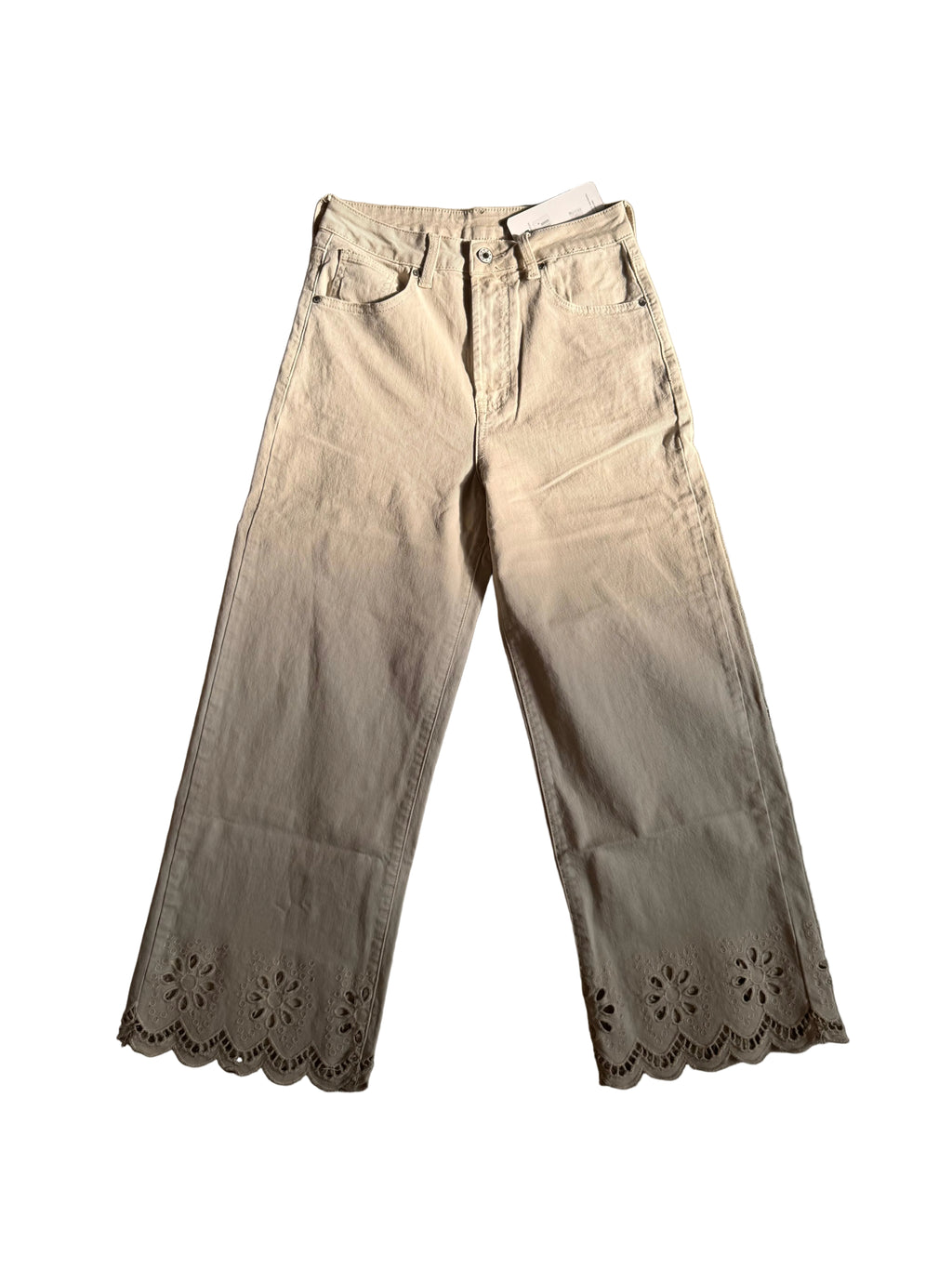 Cropped Blumen-Jeans in Cremebeige