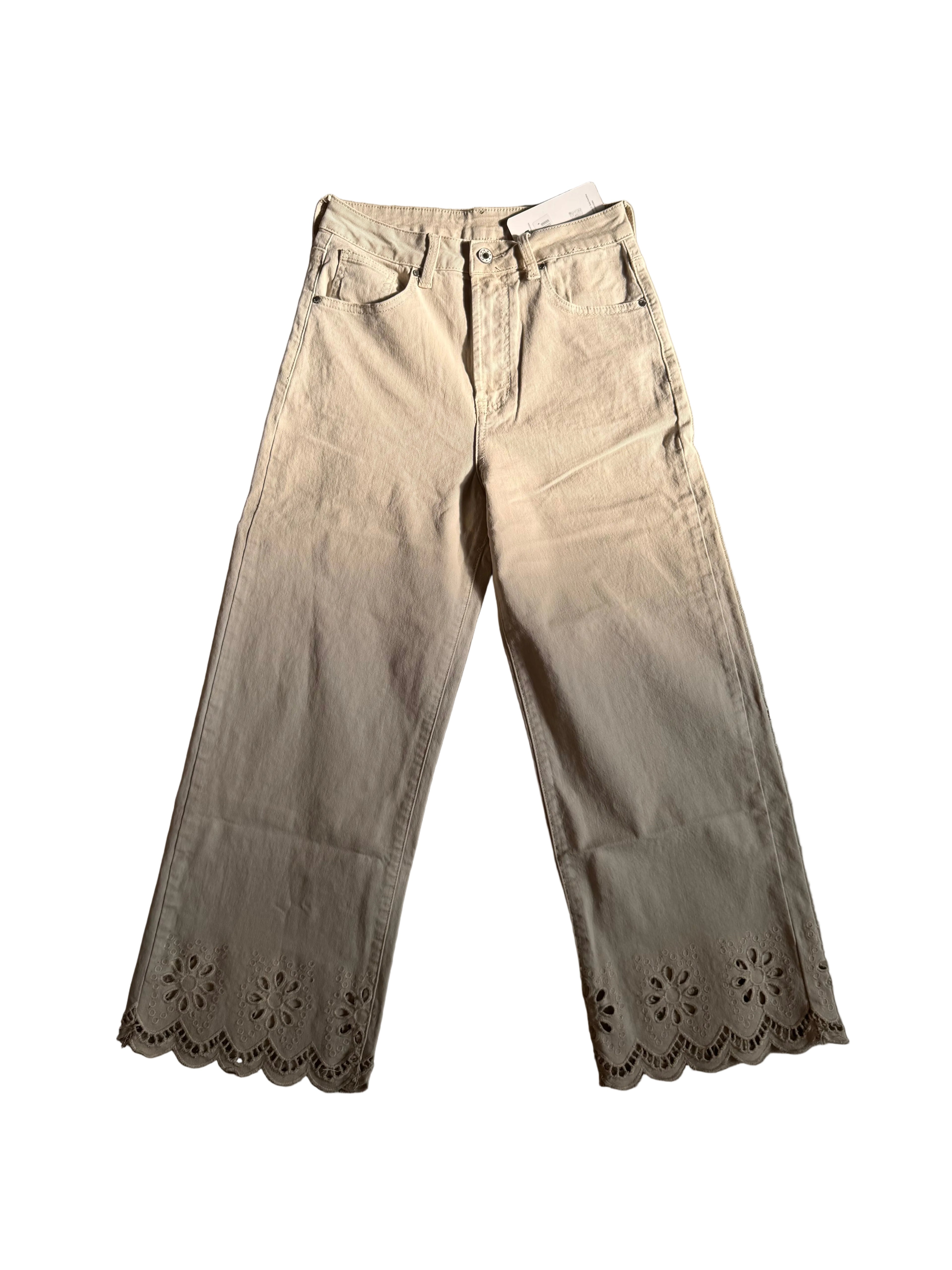 Cropped Blumen-Jeans in Cremebeige