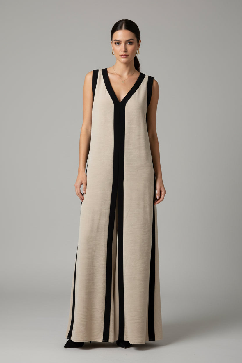 Maxikleid beige mit schwarzen Streifen