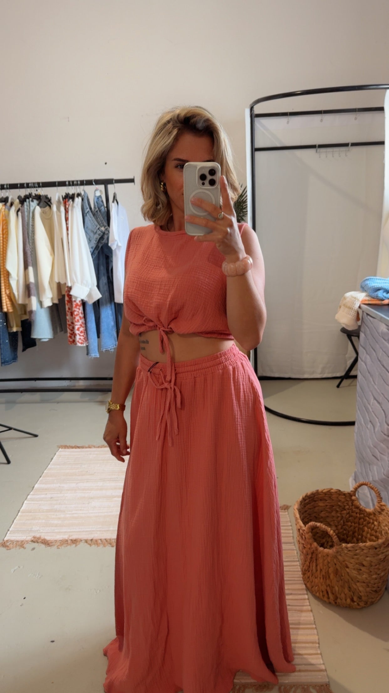 Musselin Zweiteiler Rock mit cropped Top Lachs